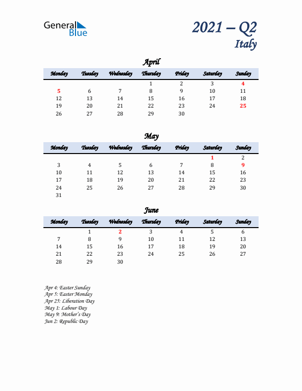 April, May, and June Calendar for Italy with Monday Start