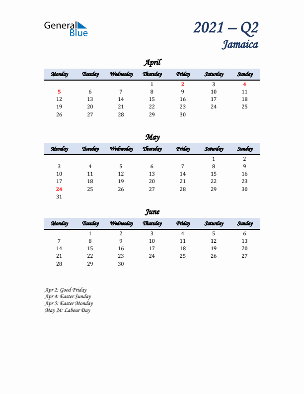 April, May, and June Calendar for Jamaica with Monday Start