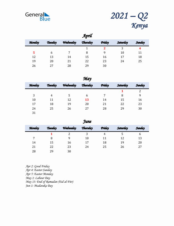 April, May, and June Calendar for Kenya with Monday Start