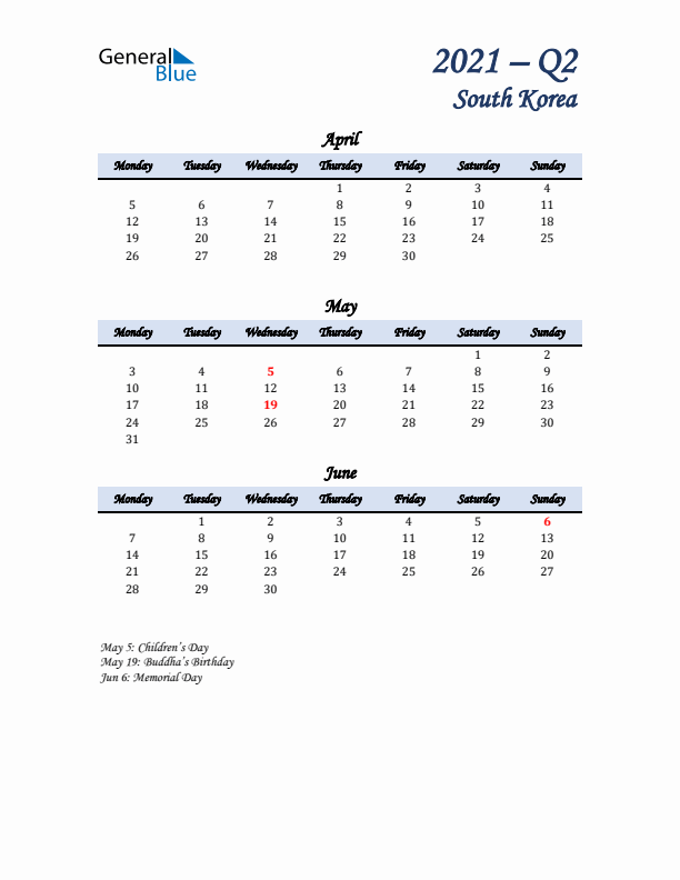 April, May, and June Calendar for South Korea with Monday Start