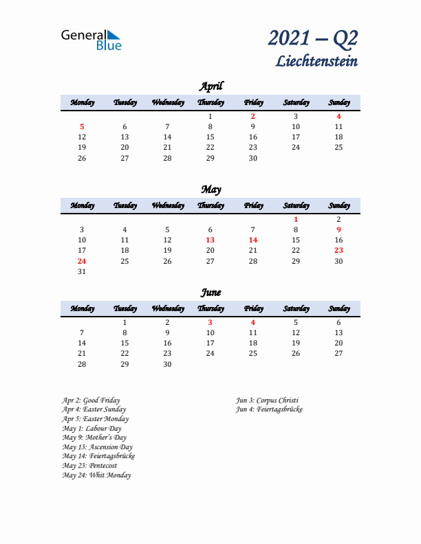 April, May, and June Calendar for Liechtenstein with Monday Start