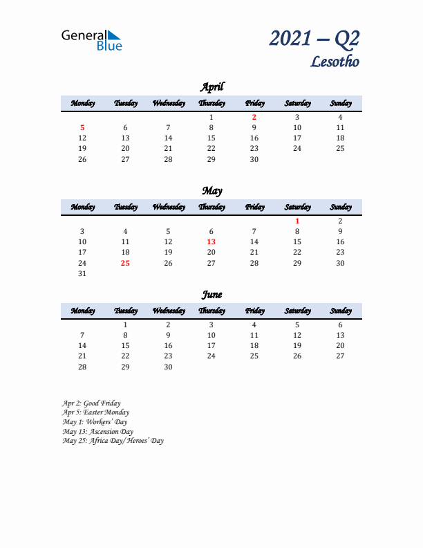 April, May, and June Calendar for Lesotho with Monday Start