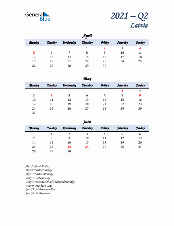 April, May, and June Calendar for Latvia with Monday Start