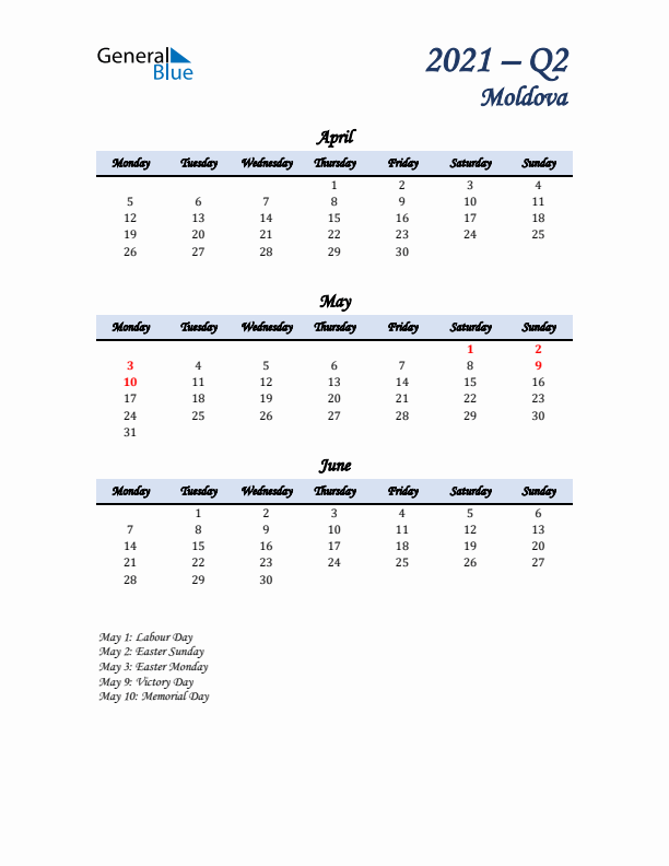 April, May, and June Calendar for Moldova with Monday Start