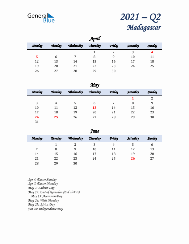 April, May, and June Calendar for Madagascar with Monday Start