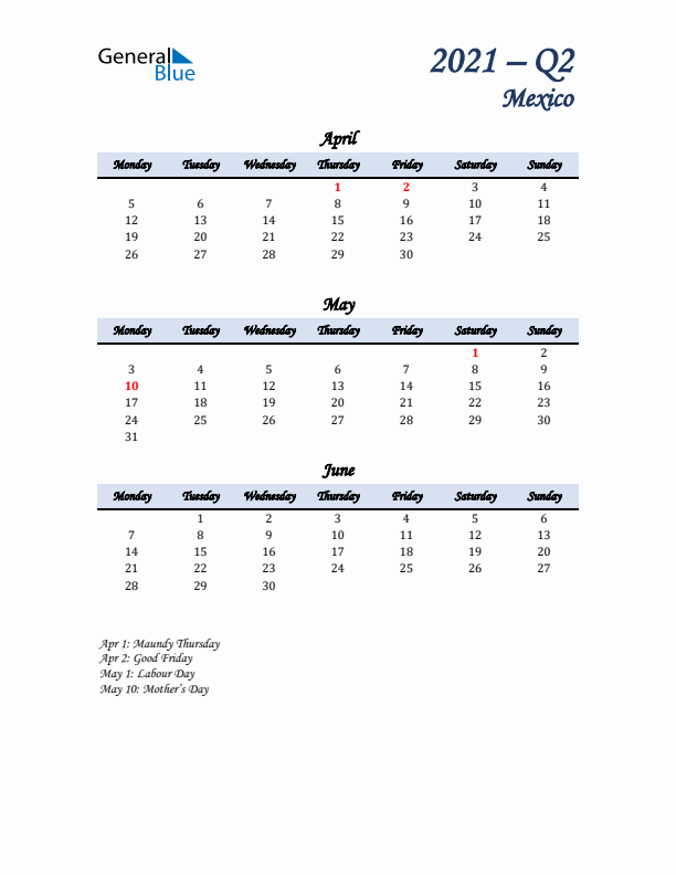 April, May, and June Calendar for Mexico with Monday Start