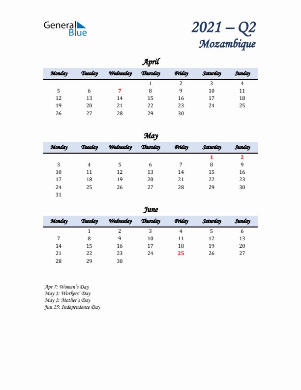 April, May, and June Calendar for Mozambique with Monday Start