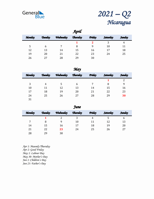 April, May, and June Calendar for Nicaragua with Monday Start