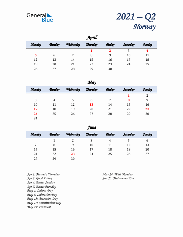 April, May, and June Calendar for Norway with Monday Start