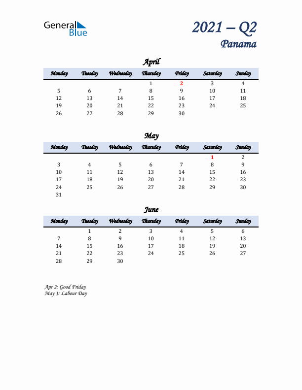 April, May, and June Calendar for Panama with Monday Start