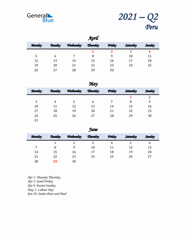 April, May, and June Calendar for Peru with Monday Start