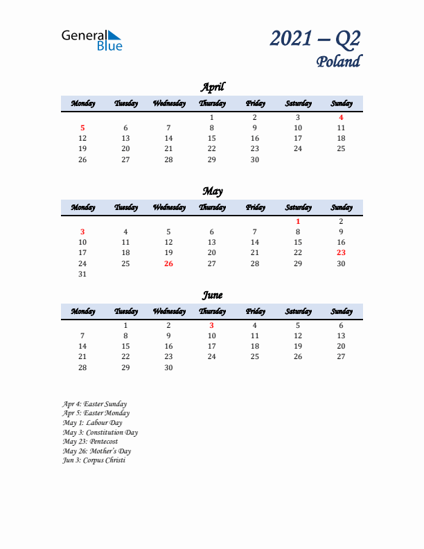 April, May, and June Calendar for Poland with Monday Start