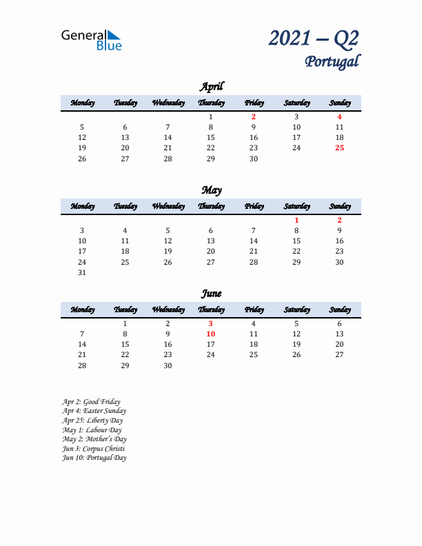 April, May, and June Calendar for Portugal with Monday Start