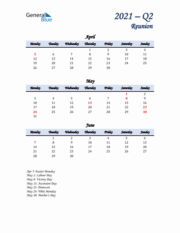 April, May, and June Calendar for Reunion with Monday Start