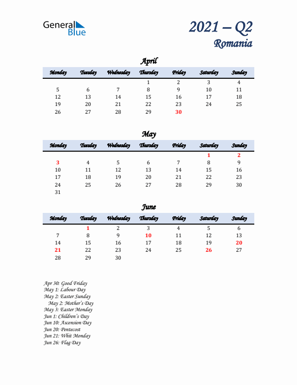 April, May, and June Calendar for Romania with Monday Start