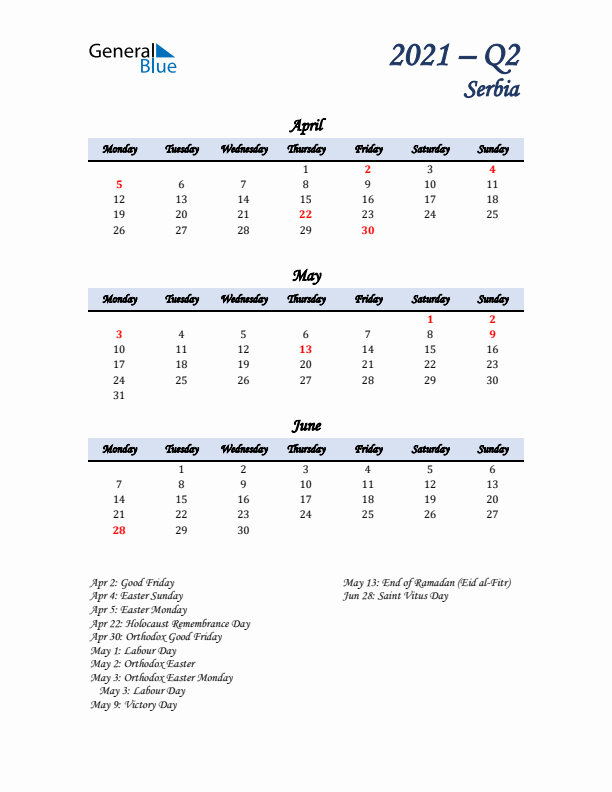 April, May, and June Calendar for Serbia with Monday Start