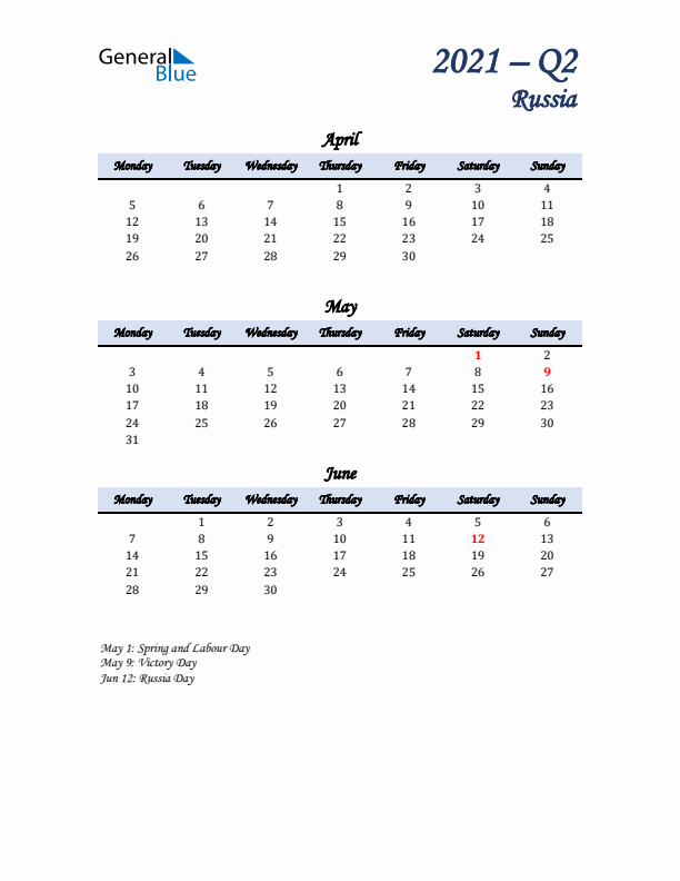 April, May, and June Calendar for Russia with Monday Start