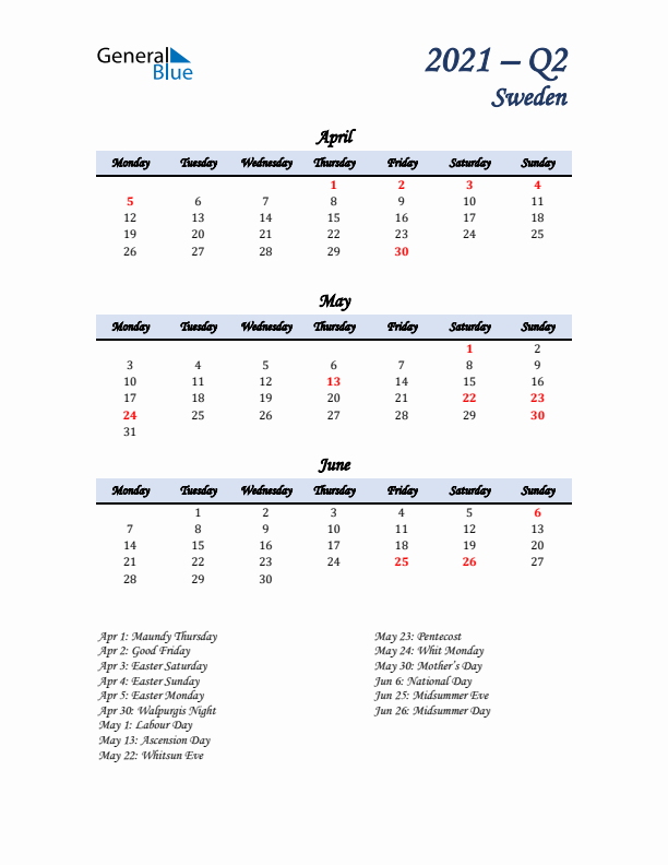 April, May, and June Calendar for Sweden with Monday Start