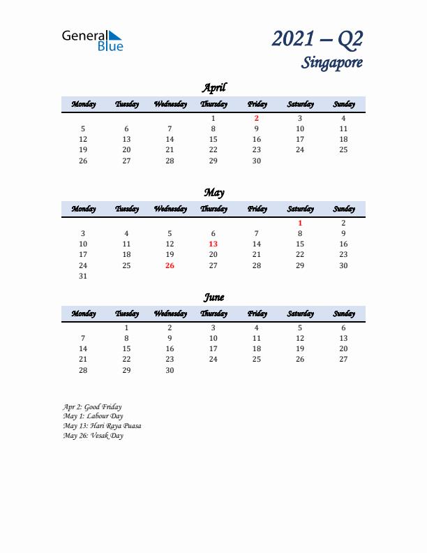 April, May, and June Calendar for Singapore with Monday Start