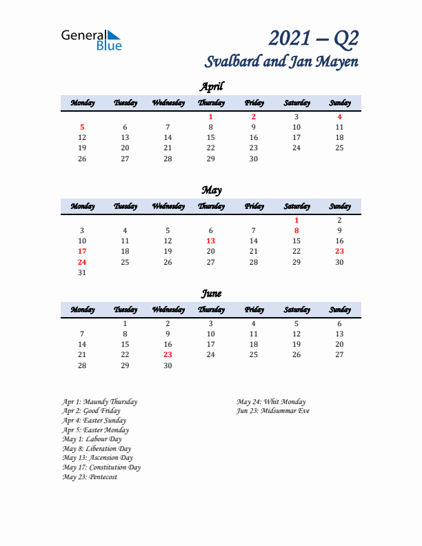 April, May, and June Calendar for Svalbard and Jan Mayen with Monday Start