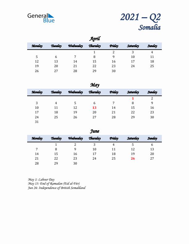 April, May, and June Calendar for Somalia with Monday Start