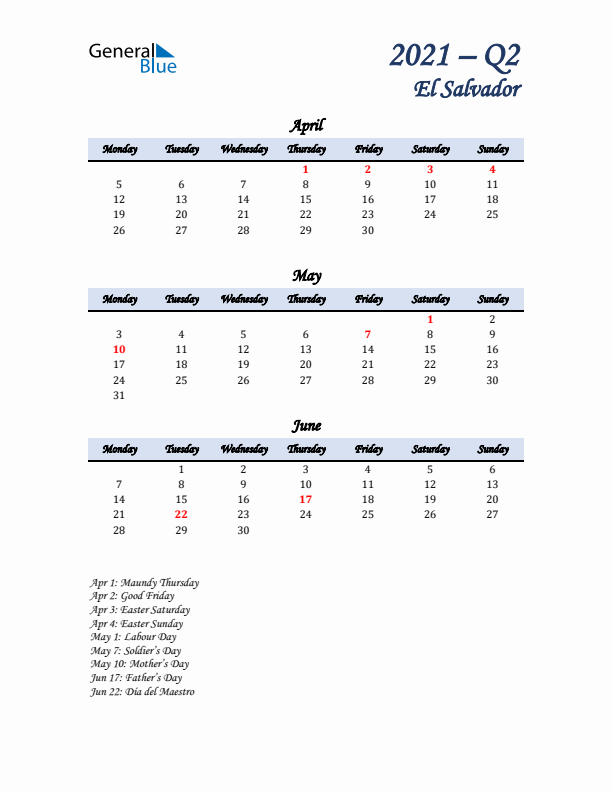 April, May, and June Calendar for El Salvador with Monday Start