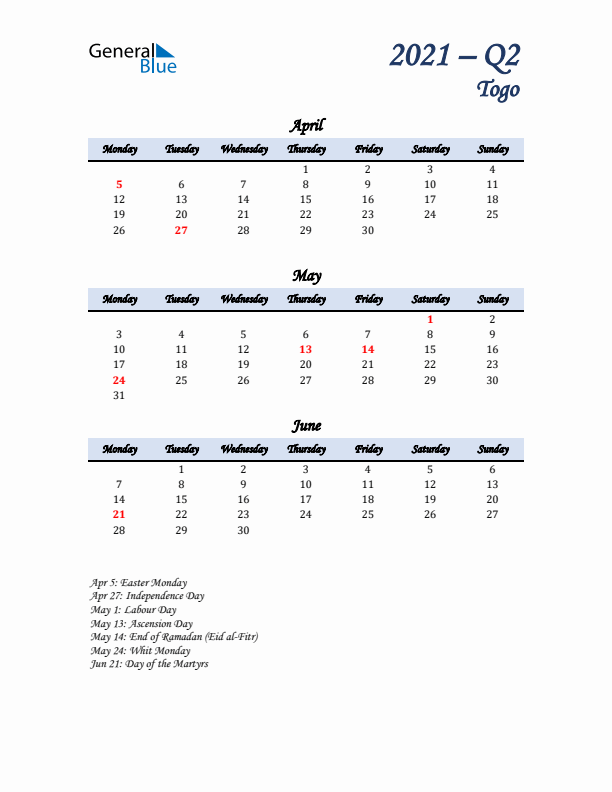 April, May, and June Calendar for Togo with Monday Start