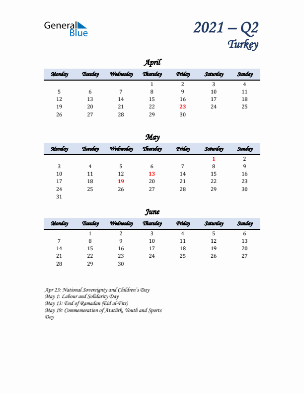 April, May, and June Calendar for Turkey with Monday Start