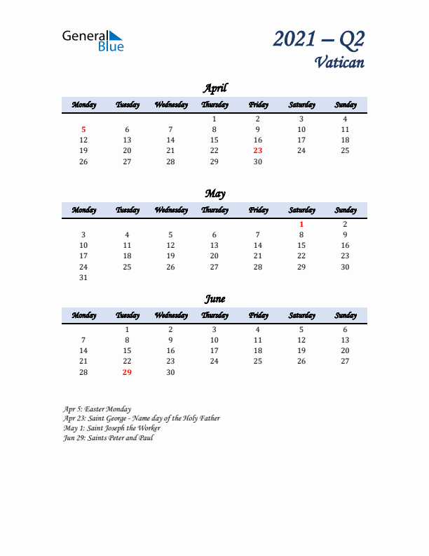 April, May, and June Calendar for Vatican with Monday Start