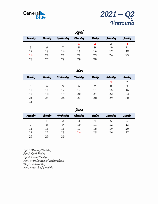 April, May, and June Calendar for Venezuela with Monday Start