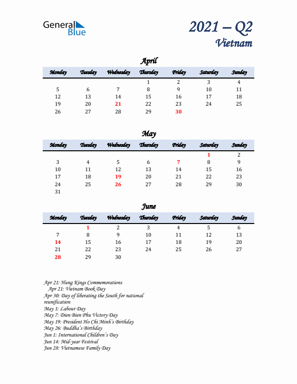 April, May, and June Calendar for Vietnam with Monday Start