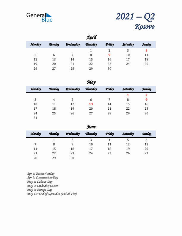 April, May, and June Calendar for Kosovo with Monday Start