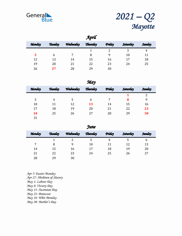 April, May, and June Calendar for Mayotte with Monday Start