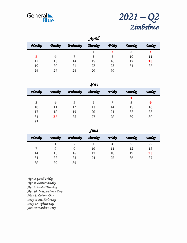 April, May, and June Calendar for Zimbabwe with Monday Start