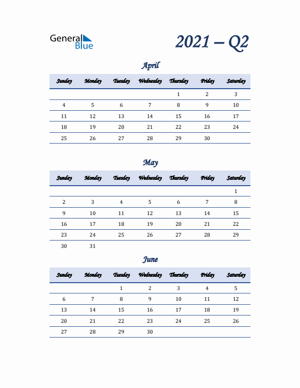 Sunday Start 2021 Quarterly Calendar