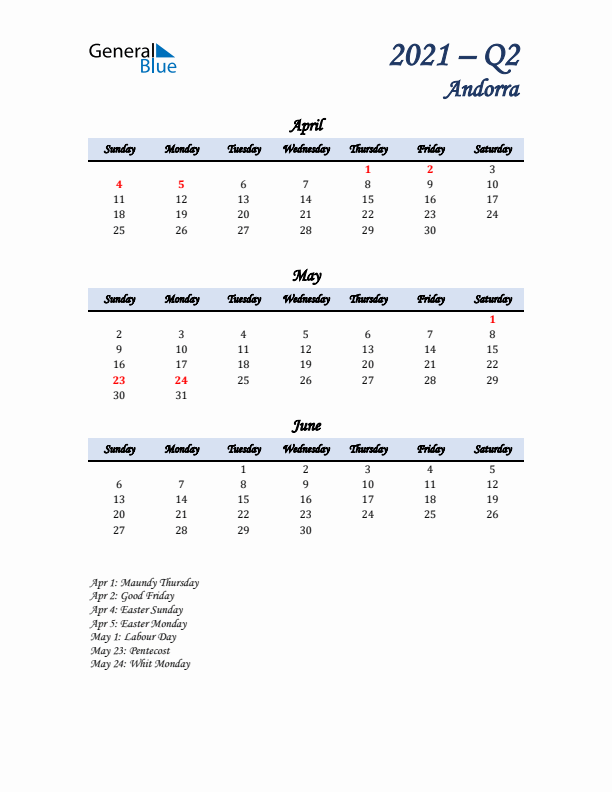 April, May, and June Calendar for Andorra with Sunday Start