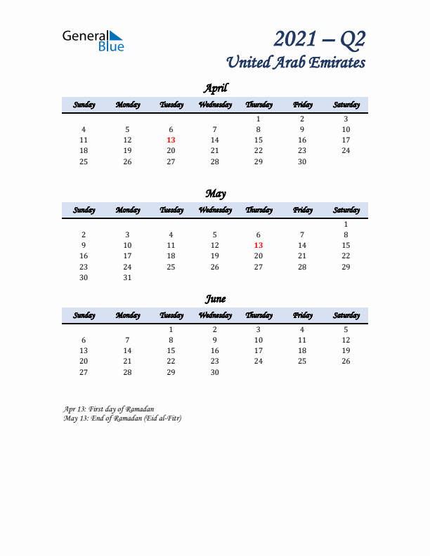 April, May, and June Calendar for United Arab Emirates with Sunday Start