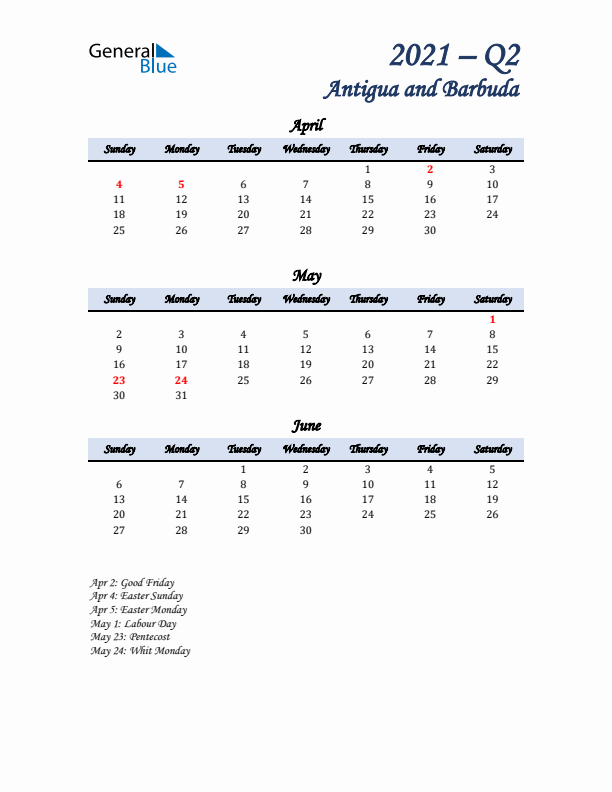 April, May, and June Calendar for Antigua and Barbuda with Sunday Start