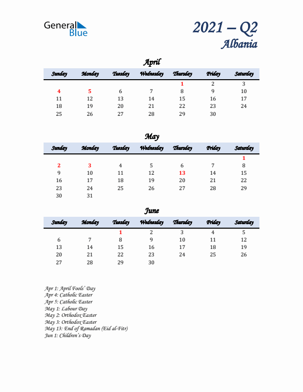 April, May, and June Calendar for Albania with Sunday Start