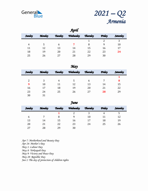 April, May, and June Calendar for Armenia with Sunday Start