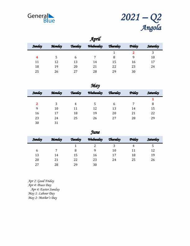 April, May, and June Calendar for Angola with Sunday Start