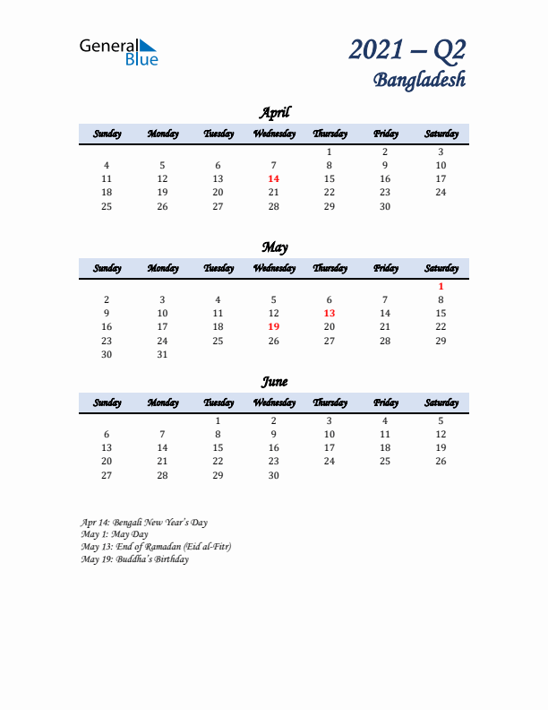 April, May, and June Calendar for Bangladesh with Sunday Start