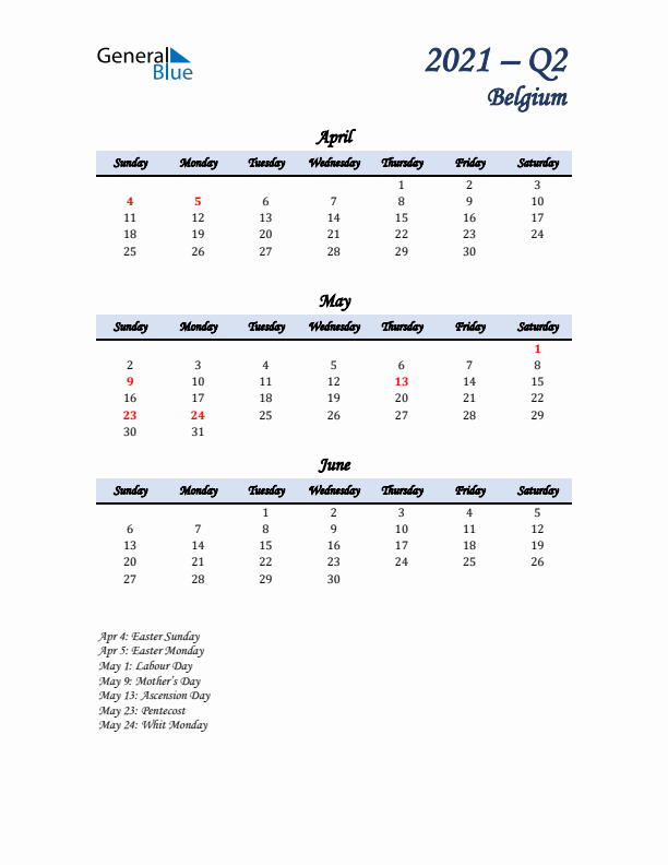 April, May, and June Calendar for Belgium with Sunday Start