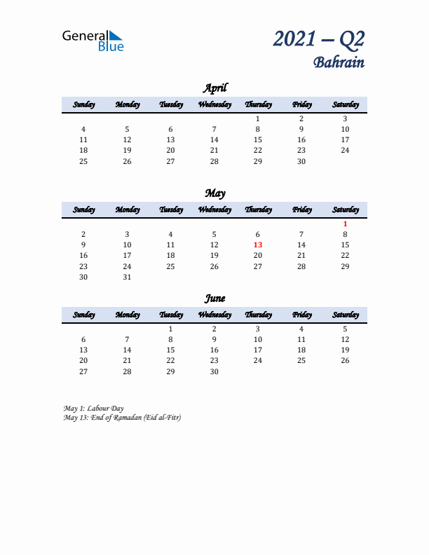 April, May, and June Calendar for Bahrain with Sunday Start