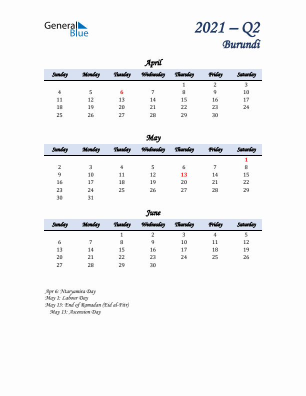 April, May, and June Calendar for Burundi with Sunday Start