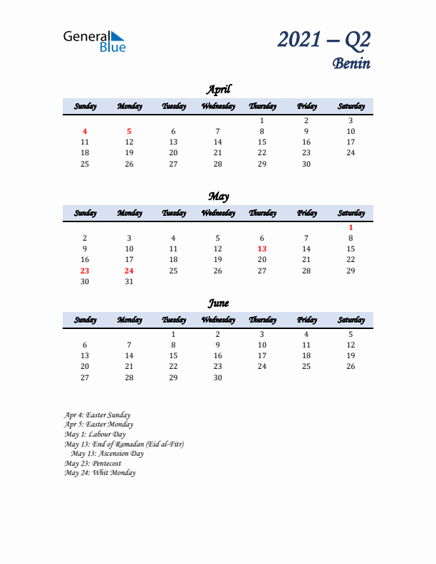 April, May, and June Calendar for Benin with Sunday Start