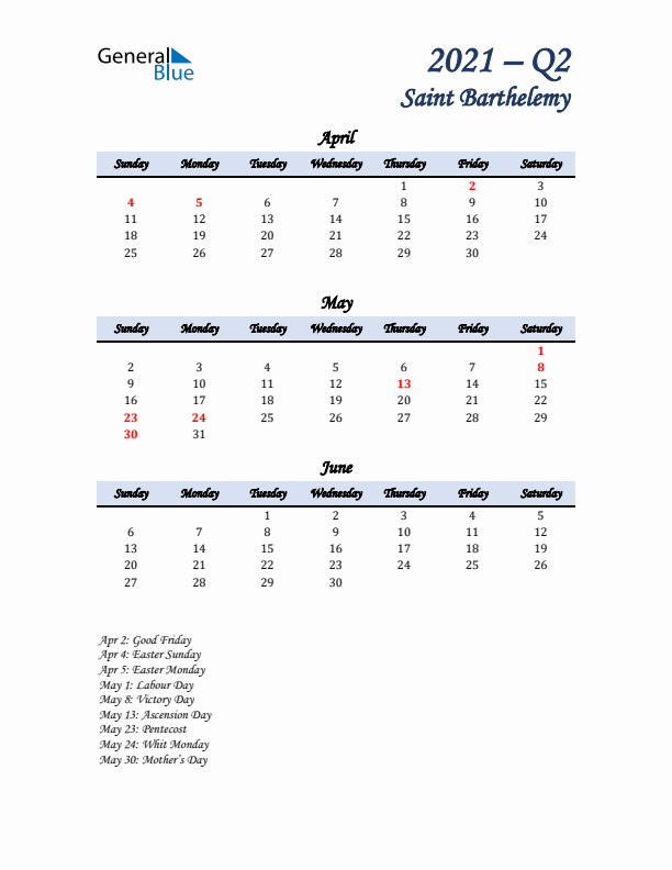 April, May, and June Calendar for Saint Barthelemy with Sunday Start