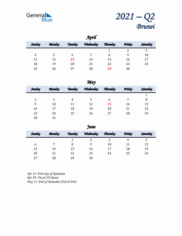 April, May, and June Calendar for Brunei with Sunday Start