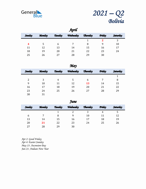 April, May, and June Calendar for Bolivia with Sunday Start