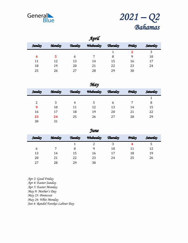 April, May, and June Calendar for Bahamas with Sunday Start